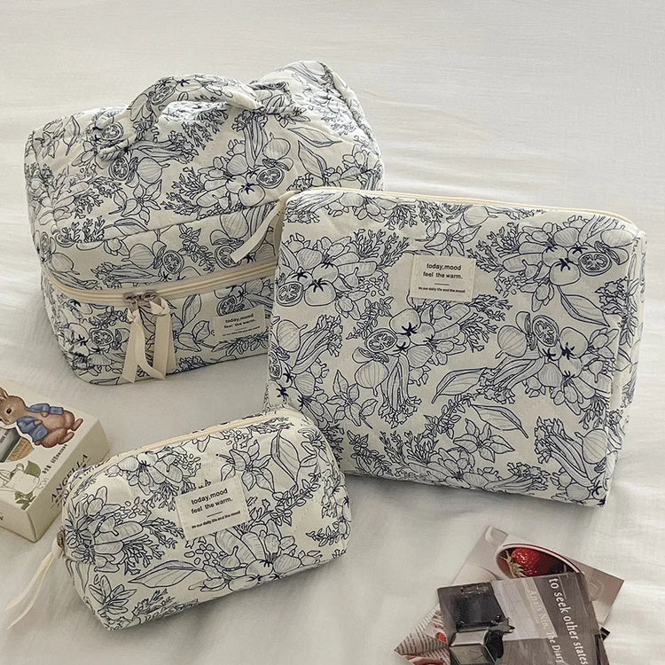 1PC Pink Strawberry Women Cosmetic Quilted Bag in floral print, perfect for cosmetic storage.