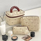 1PC Pink Strawberry Women Cosmetic Quilted Bag with handle, featuring multiple sizes for cosmetic storage.