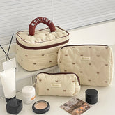 1PC Pink Strawberry Women Cosmetic Quilted Bag with handle, featuring multiple sizes for cosmetic storage.