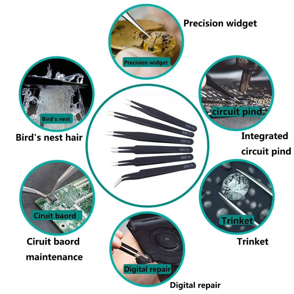 6Pcs Anti-static ESD Tweezers Maintenance