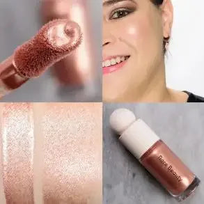 Rare Beauty Liquid Blush shades showcase the brush applicator, swatches, and a smiling user for a glowing finish.