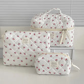 1PC Pink Strawberry Women Cosmetic Quilted Bag showcasing three sizes with quilted design and cherry patterns.