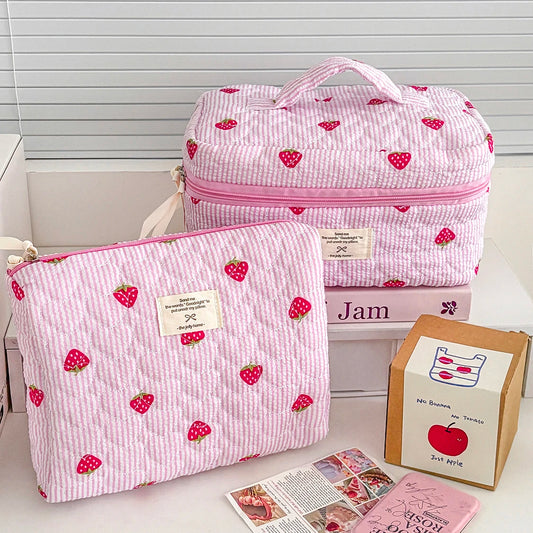 1PC Pink Strawberry Women Cosmetic Quilted Bag set with two cases in pink fabric with strawberry print.