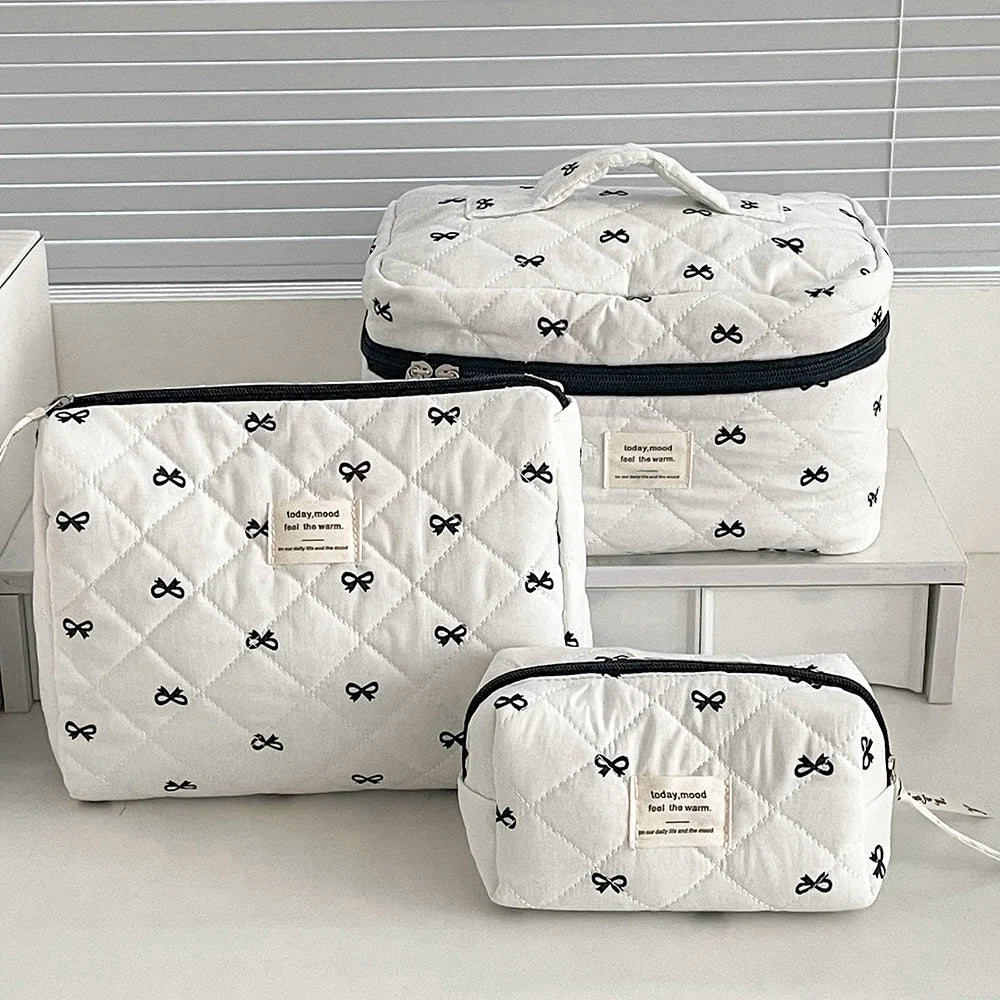 1PC Pink Strawberry Women Cosmetic Quilted Bag displayed with multiple pouches for cosmetic storage.