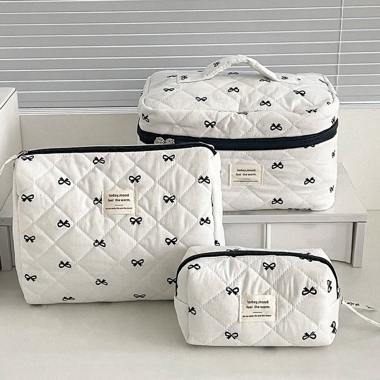 1PC Pink Strawberry Women Cosmetic Quilted Bag displayed with multiple pouches for cosmetic storage.