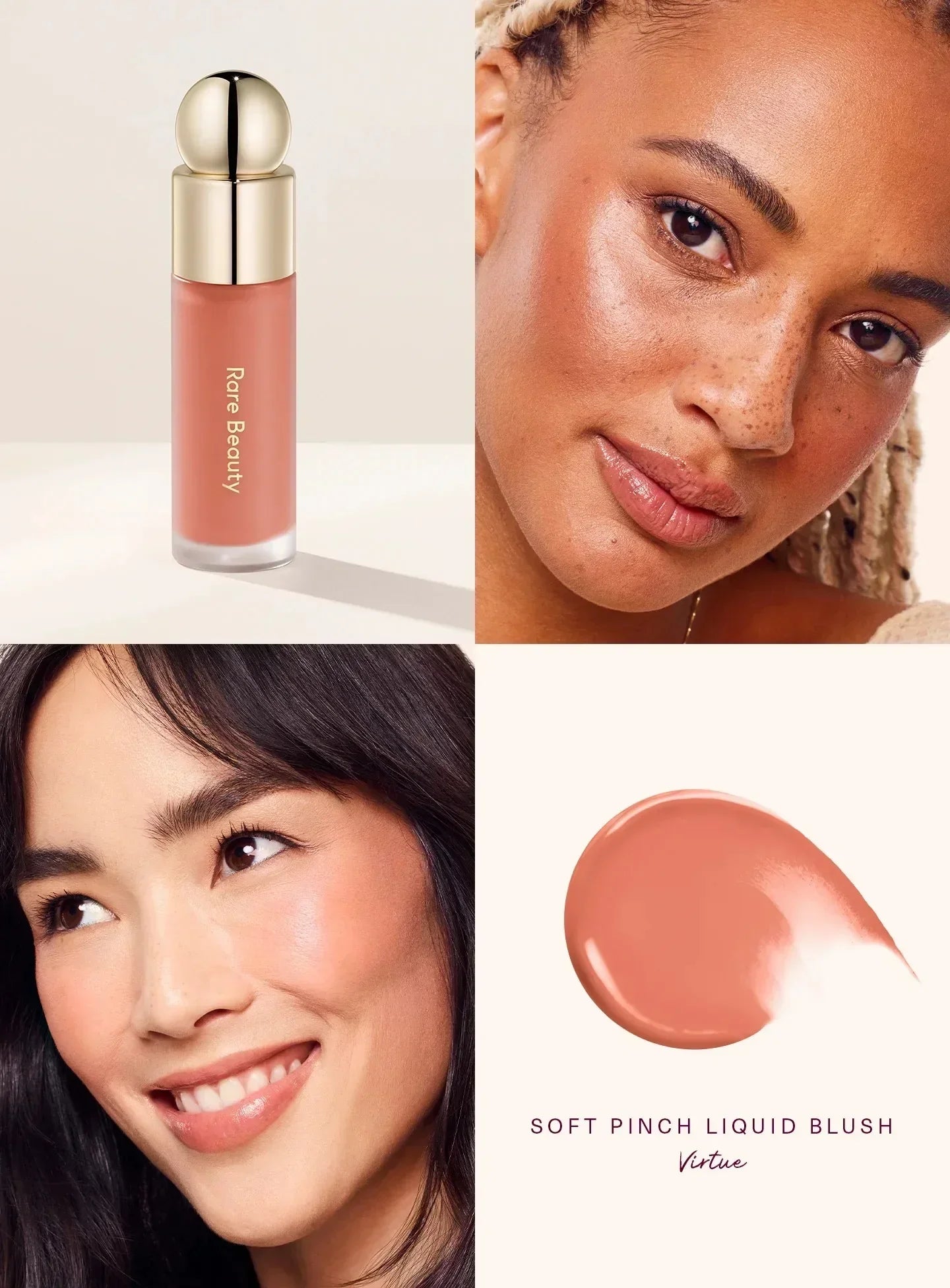 Rare Beauty Liquid Blush in Soft Pinch Liquid Blush shades with diverse models showcasing a healthy glow.