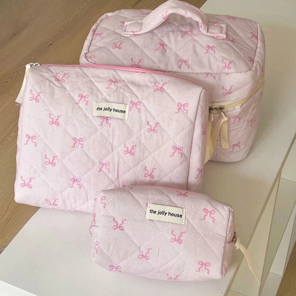 1PC Pink Strawberry Women Cosmetic Quilted Bag by Airfriend, three pink quilted bags in different sizes for cosmetic storage.
