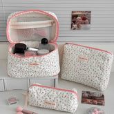 1PC Pink Strawberry Women Cosmetic Quilted Bag with floral pattern and storage for beauty products.