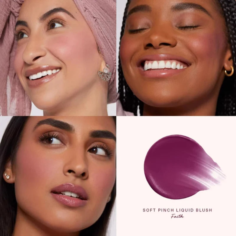 Rare Beauty Liquid Blush showcasing Happy, Hope, Grace, and Faith shades on diverse skin tones.