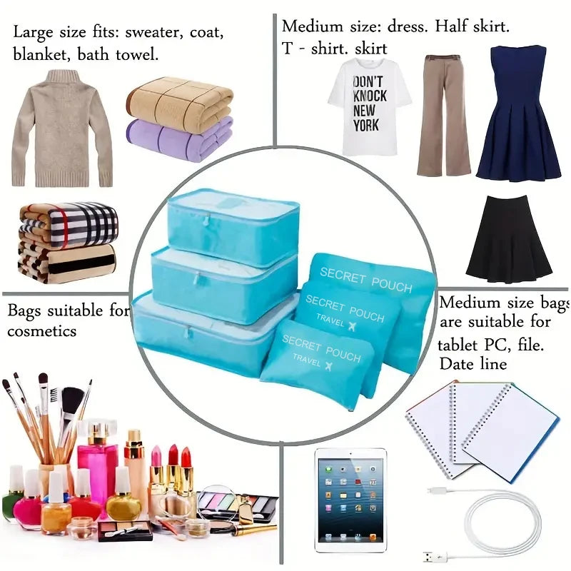6 PcsSet PinkBlueGrey Travel Storage Bag