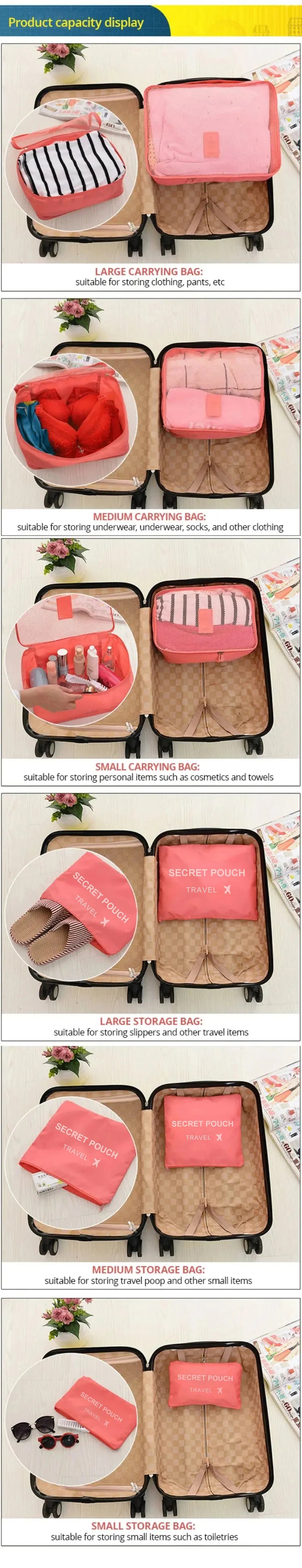 6 PcsSet PinkBlueGrey Travel Storage Bag